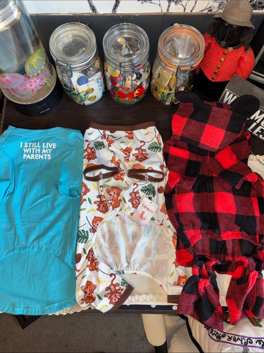 NWT and EUC set of 3 dog outfits, including teal T-shirt that says I still live